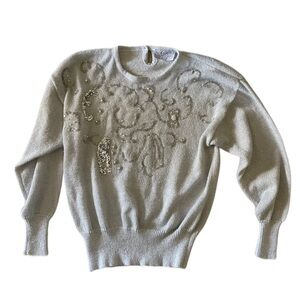 Vtg Embellished Sweater Womens Medium Grey Silver Bead Rhinestones 80's 90’s